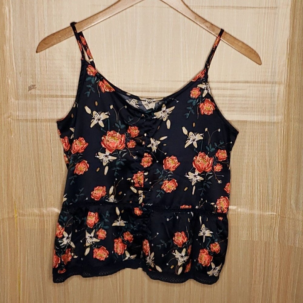 Roxy Womens Silky Navy Blue Floral Adjustable Strap Button Front Top Small
